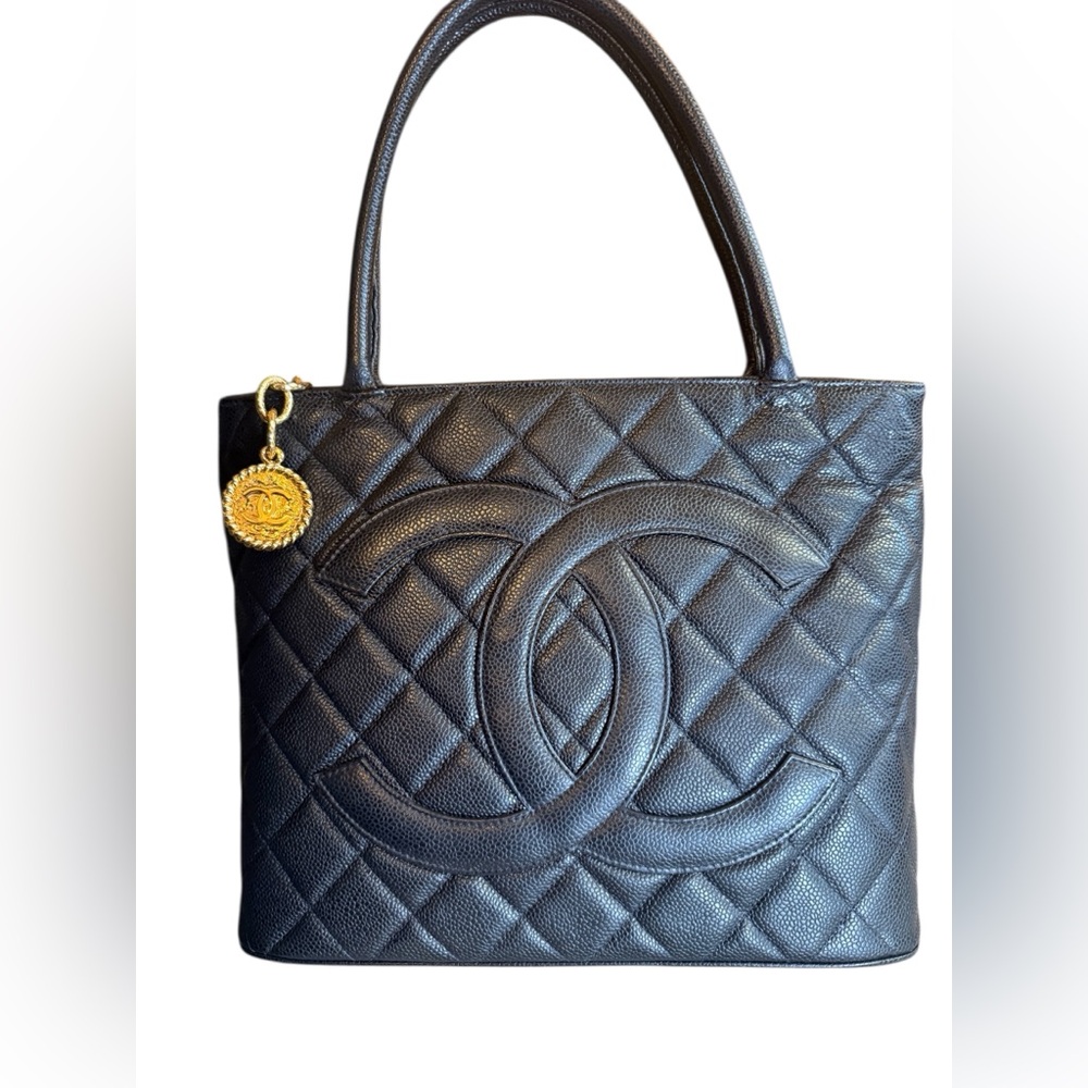 Chanel Vintage Black Quilted Caviar Tote Gold medallion charm